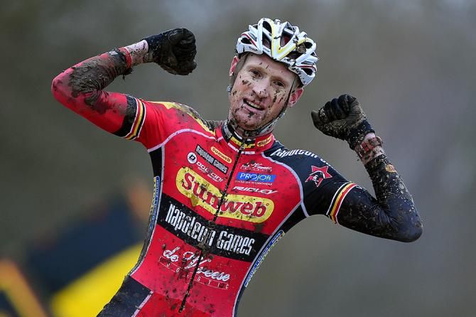 Klaas Vantornaout celebrates his win.
