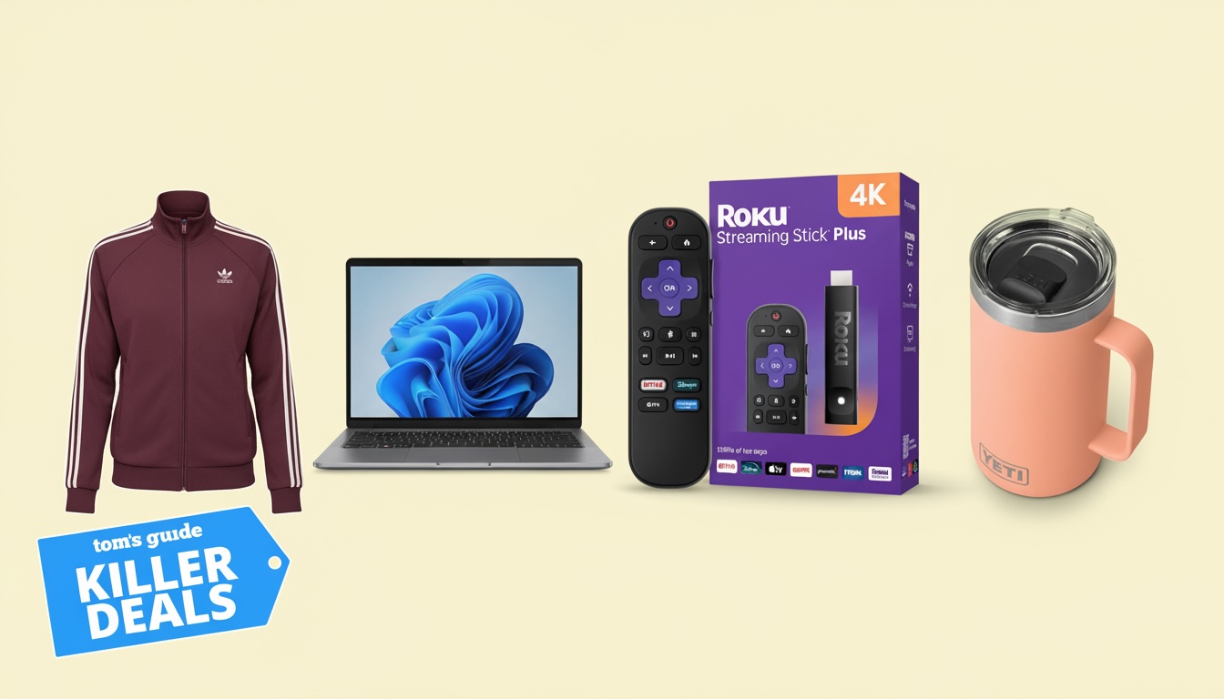 Adidas jacket, laptop, Roku Stick and Yeti mug