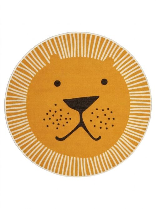 Kids Lion Face Round Yellow Short Pile Rug