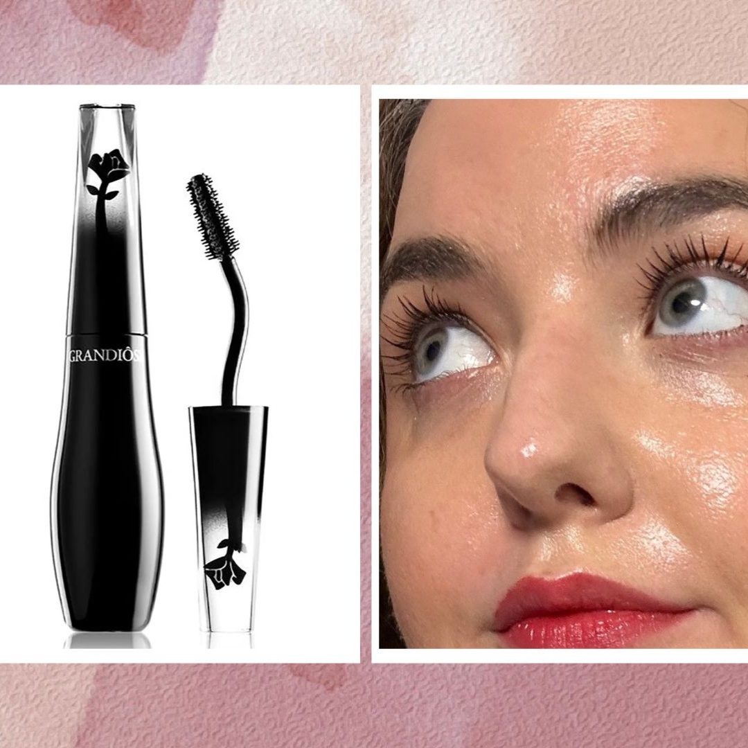 A product shot of the Lancôme Grandiôse mascara, and one close-up shot of Senior Beauty Editor Rhiannon Derbyshire wearing the formula on her eyelashes