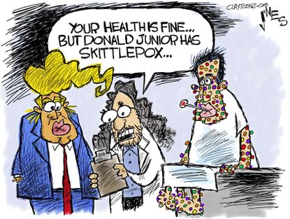 Political cartoon U.S. election 2016 Donald Trump Jr. Skittlepox