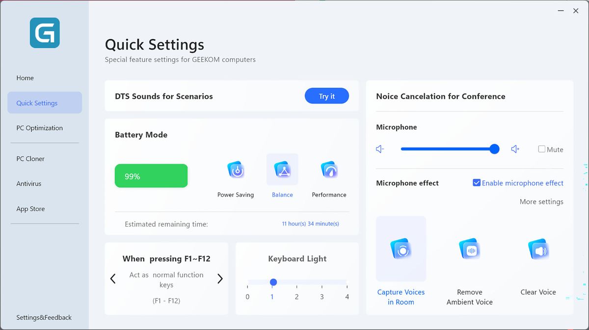 A screenshot of Geekom PC Manager's Quick Settings tab, showing battery modes, function key presets, keyboard backlighting levels, microphone volume, and microphone effects.