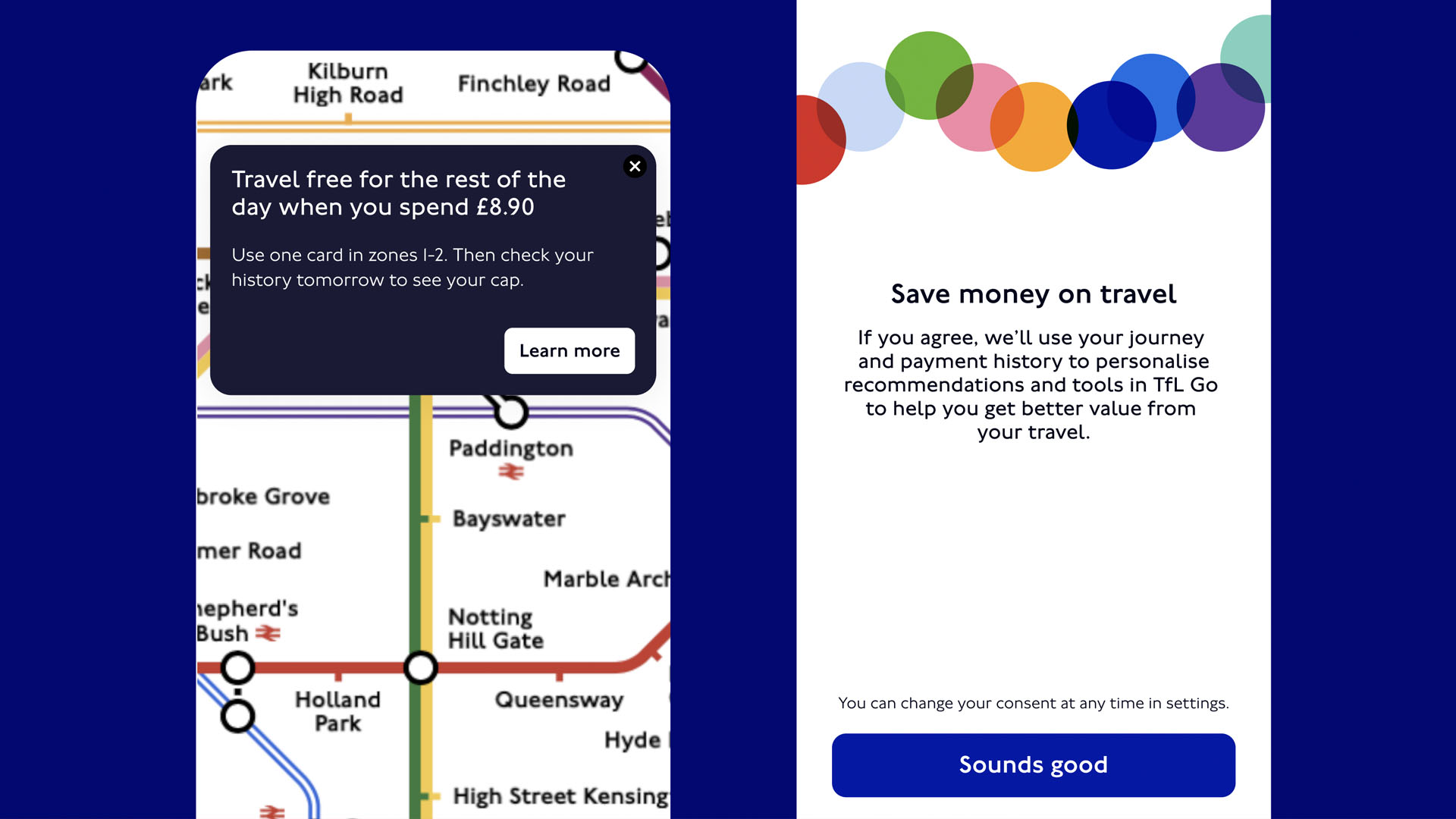 Screenshots from the TfL Go app.