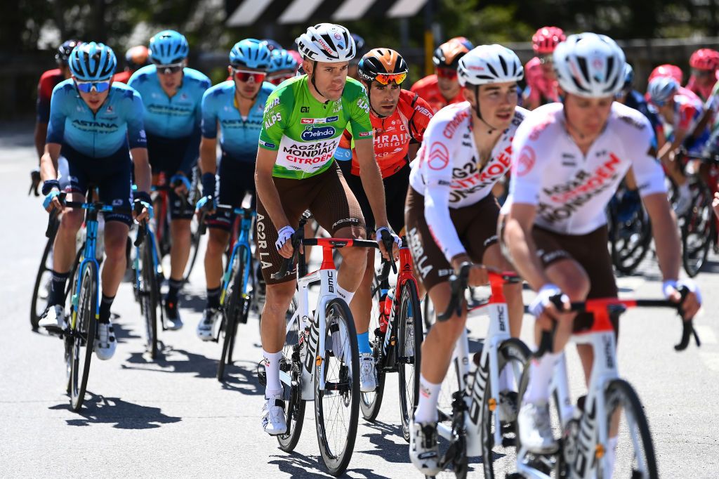 BOLZANO LANA ITALY APRIL 19 LR Geoffrey Bouchard of France and AG2R Citroen Team Green Leader Jersey and Mikel Landa Meana of Spain and Team Bahrain Victorious compete during the 45th Tour of the Alps 2022 Stage 2 a 1541km stage from PrimieroS Martino di Castrozza to Lana TouroftheAlps on April 19 2022 in Bolzano Lana Italy Photo by Tim de WaeleGetty Images