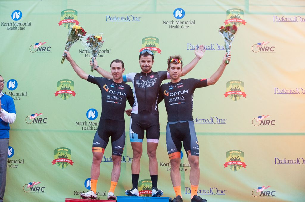 The stage podium (l to r) Ryan Anderson (Optum p/b Kelly Benefit Strategies), Stefan Rothe (Elbowz Racing), Guillaume Boivin (Optum p/b Kelly Benefit Strategies