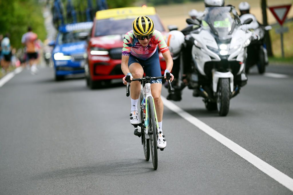 EPERNAY FRANCE JULY 26 Alena Amialiusik of Belarus and Team CanyonSRAM Racing attacks in the breakaway during the 1st Tour de France Femmes 2022 Stage 3 a 1336km stage from Reims to pernay TDFF UCIWWT on July 26 2022 in Epernay France Photo by Dario BelingheriGetty Images