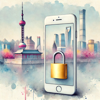 watercolor-style image featuring an iPhone with a lock over it and the Beijing skyline in the background