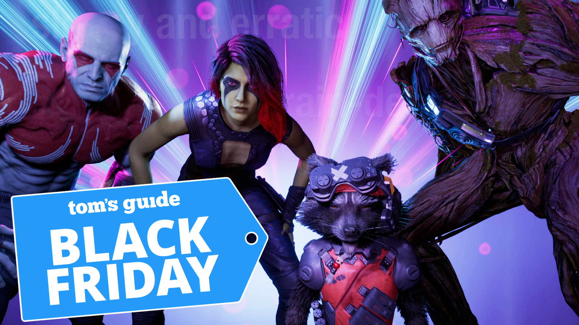 Marvel's Guardians of the Galaxy screenshot with Black Friday tag superimposed