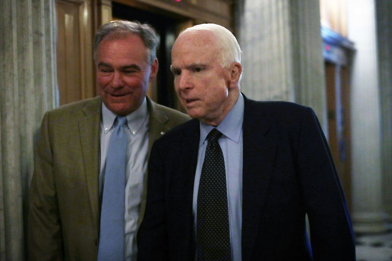 John McCain chatting with Tim Kaine, the Democrats&amp;#039; 2016 vice presidential nominee.