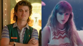 From left to right: Joe Keery as Steve in Stranger Things and Taylor Swift in the Lavender Haze music video.