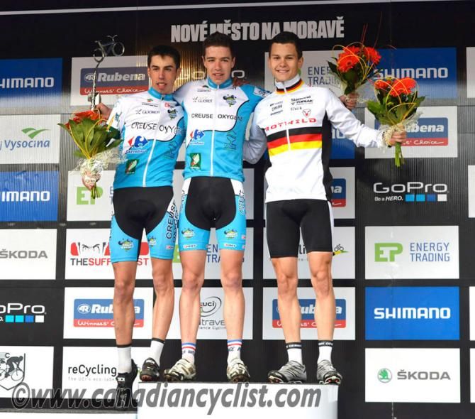Junior men's cross country podium in Nove Mesto: Romain Boutet, Raphael Gay, Lukas Baum