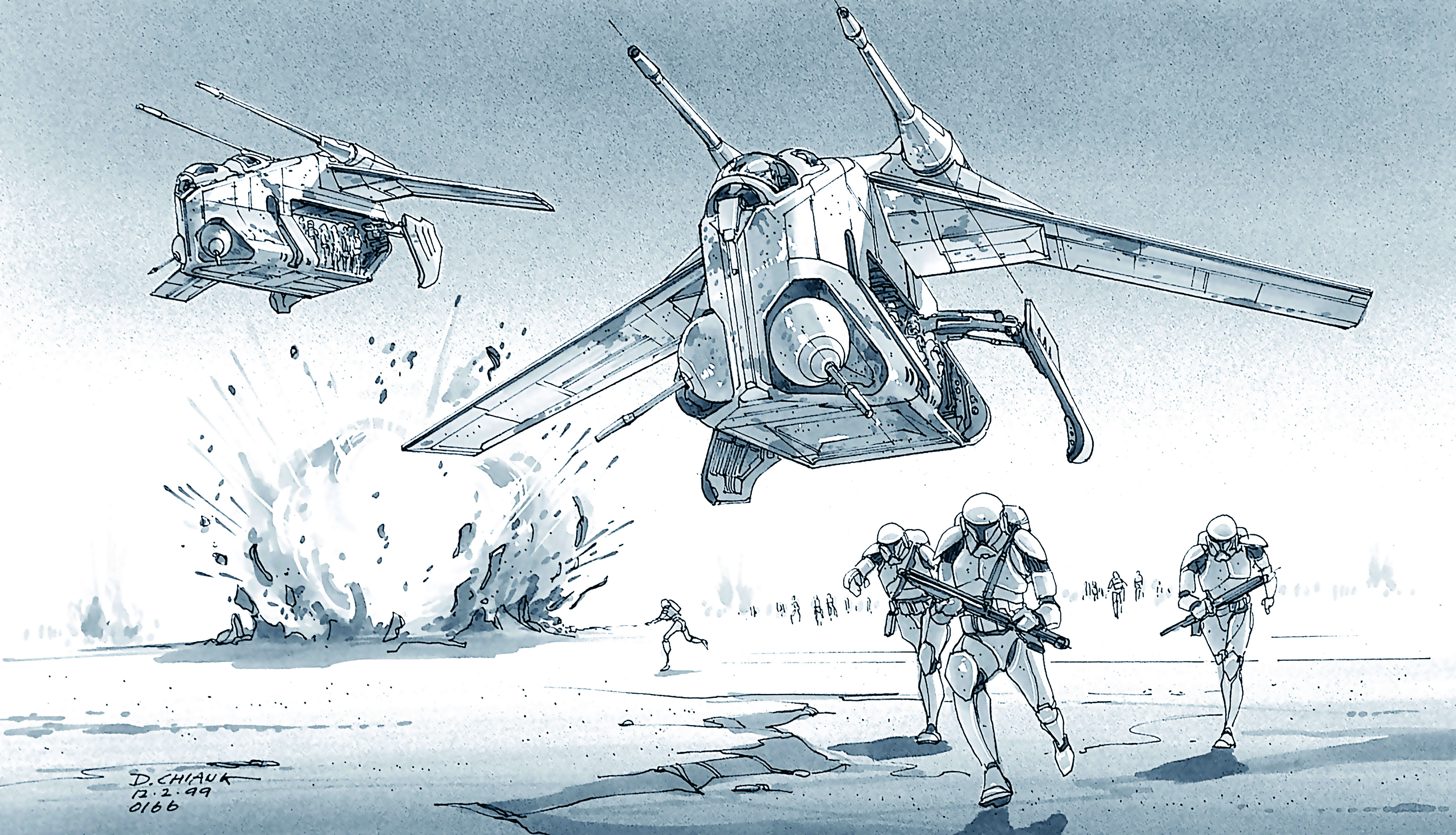 Boceto de nave espacial y soldados de ciencia ficción.