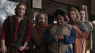 Ben Willbond, Jim Howick, Lolly Adefope, Laurence Rickard and Mathew Baynton in peasant smocks and sporting scars and boils as the spectral plague victims in Ghosts.