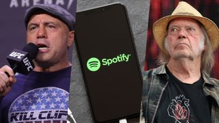 Joe Rogan talking on a microphone, Spotify on a phone and Neil Young at a performance