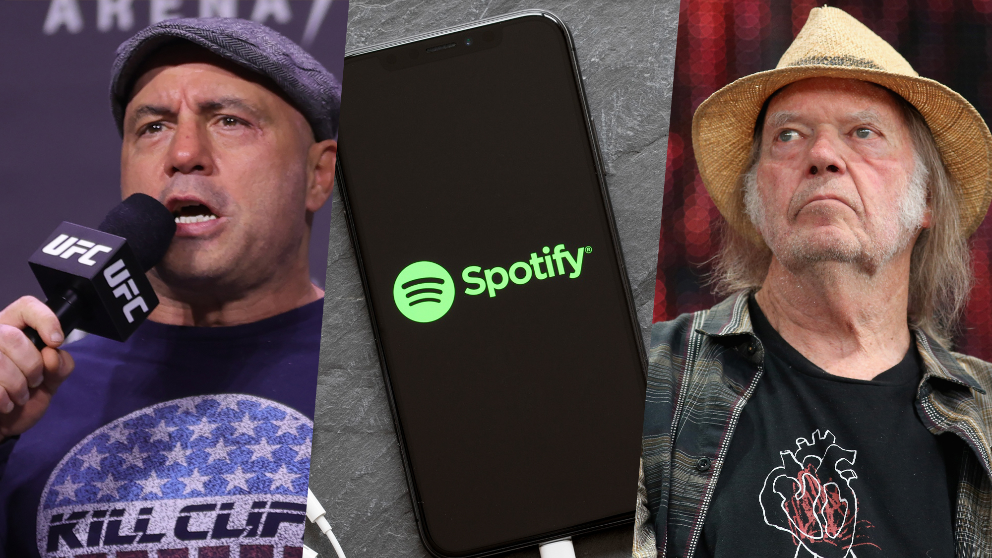 Joe Rogan speaking on a microphone, Spotify on the phone and Neil Young on a show