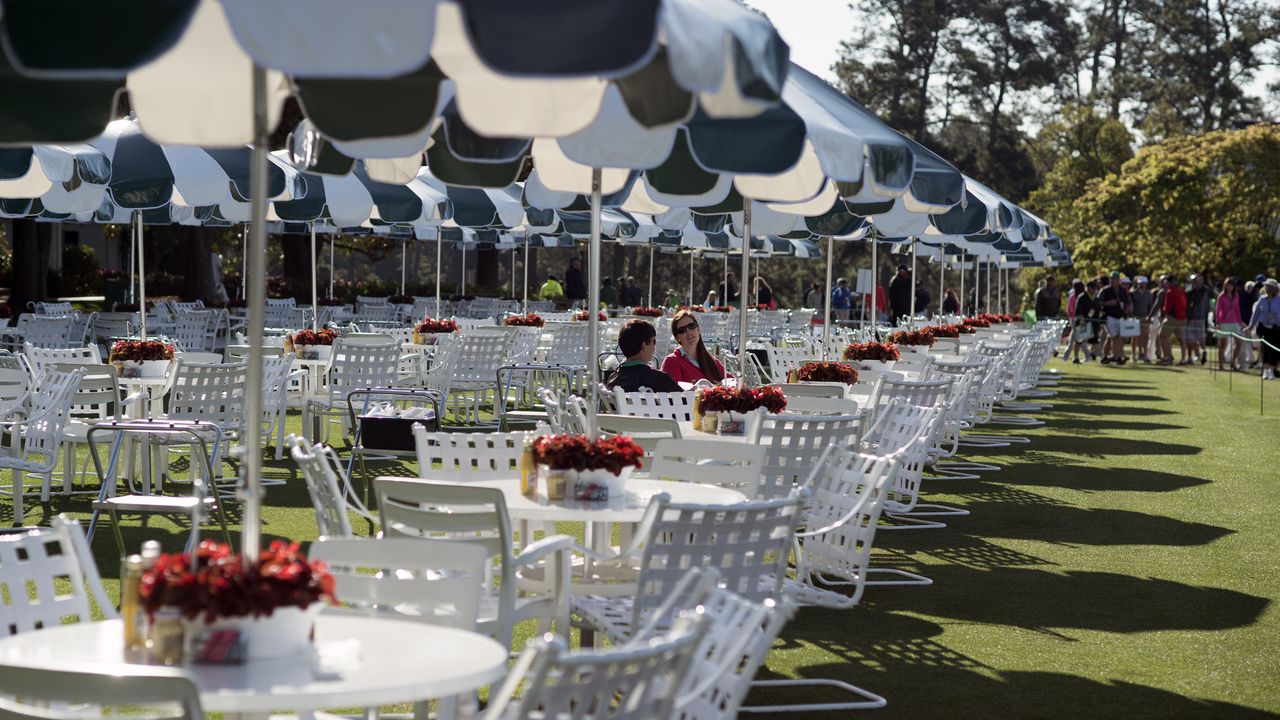 Tables and chairs outside the Augusta National clubhouse