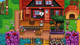 A Stardew Valley farmer and her horse standing outside of a red and green farmhouse. It's spring, and there are a few texture mods to the surrounding assets in place. 