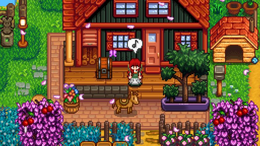 A Stardew Valley farmer and her horse standing outside of a red and green farmhouse. It&#039;s spring, and there are a few texture mods to the surrounding assets in place. 