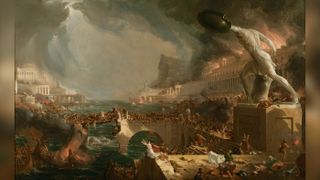 This painting, called "The Course of Empire Destruction" from 1836, shows the destruction of an empire like that of ancient Rome. The painting is held in the collection of the New York Historical Society.