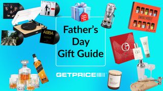 Blue background with black writing in the middle that says Father's Day Gift Guide with scattered images of gift ideas including a candle, coffee machine, cologne and a record player