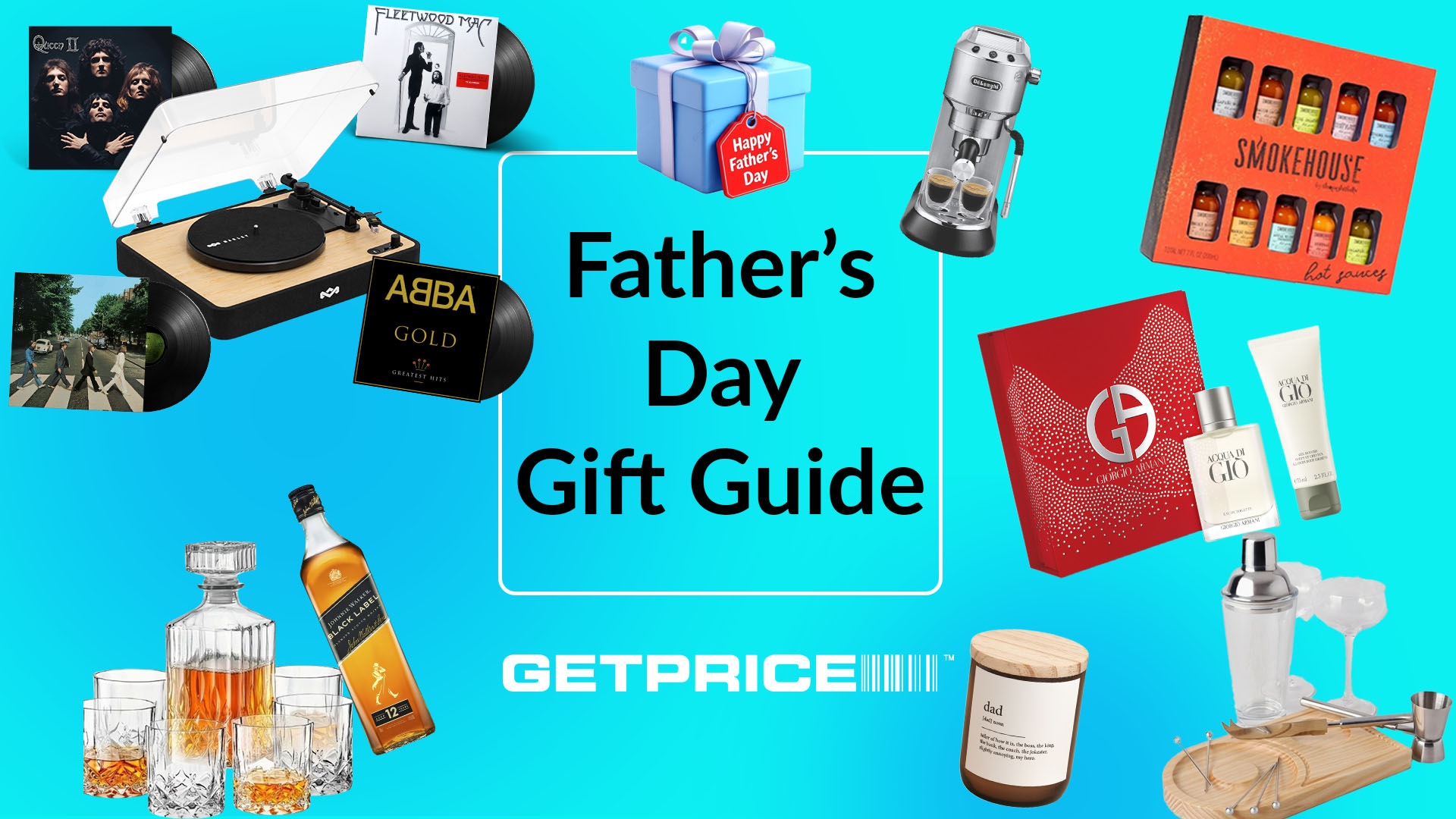 Blue background with black writing in the middle that says Father&#039;s Day Gift Guide with scattered images of gift ideas including a candle, coffee machine, cologne and a record player
