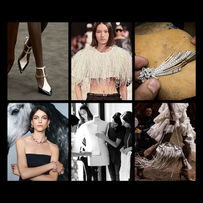 collage of designer pieces and models on catwalks