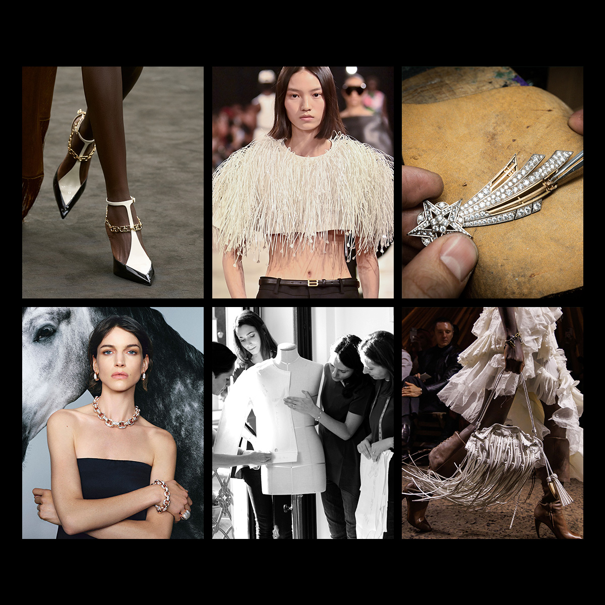 collage of designer pieces and models on catwalks