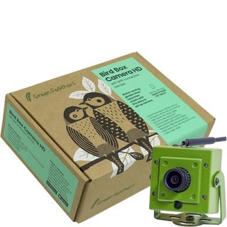 Green Feather bird feeder camera and box on a white background