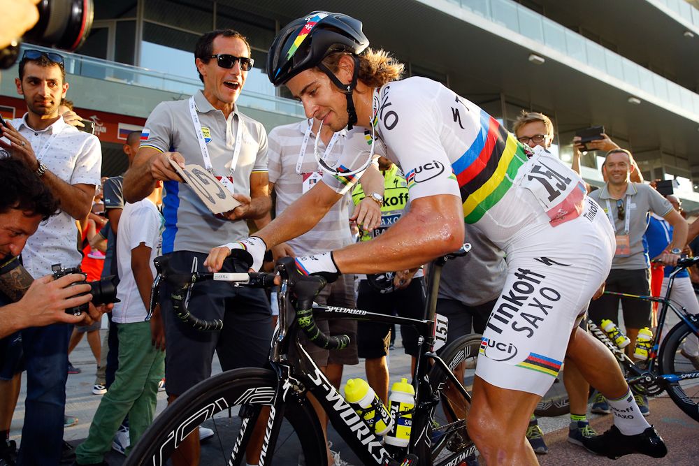 Peter Sagan has some fun during the final stage in Abu Dhabi with a 'dramatic' pit stop