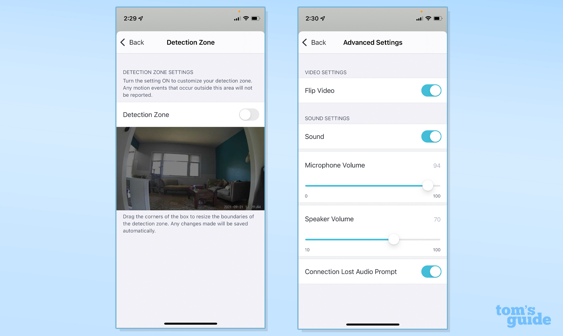 Abode Cam 2 app displaying detection zones