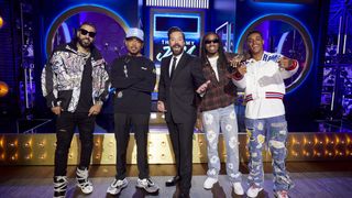 French Montana, Chance The Rapper, host Jimmy Fallon, Quavo and Jabari Banks taking a group photo for That's My Jam