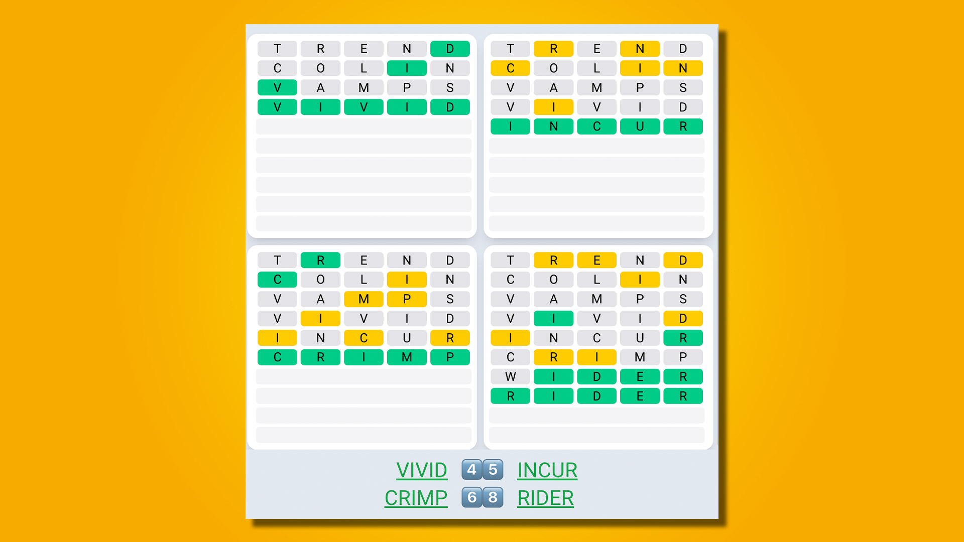 Quordle Daily Sequence answers for game 482 on a yellow background