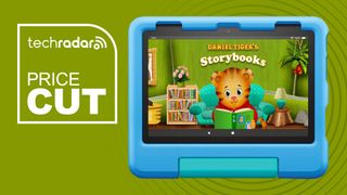 Amazon Fire 7 Kids tablet on a green background next to a logo that says "Price cut"