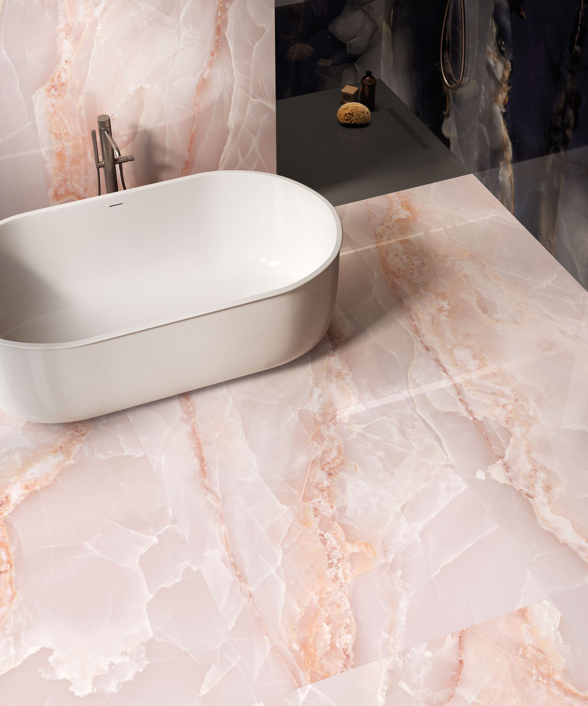 Close up of pink onyx porcelain tiles, white sink