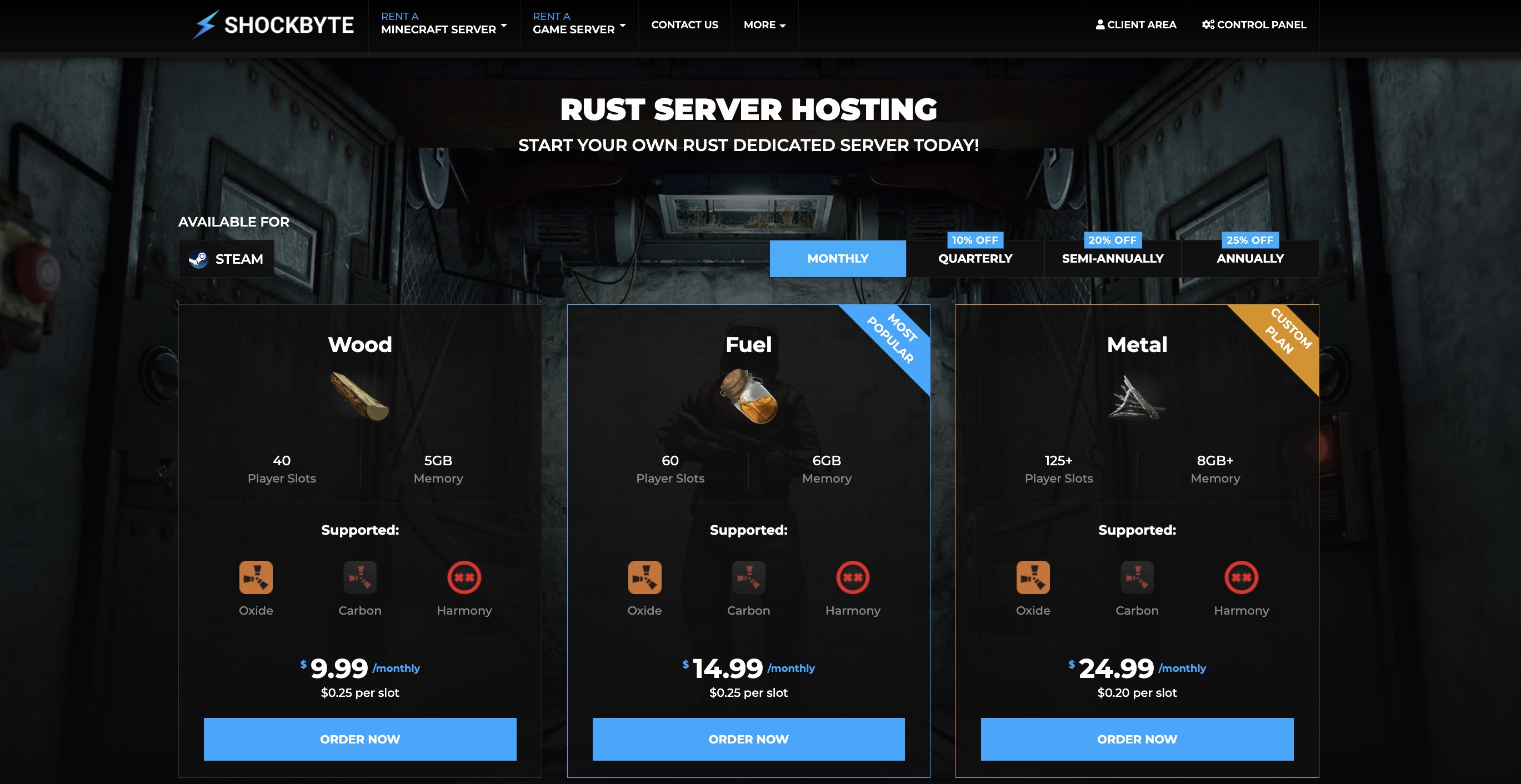 An image of Shockbyte's rust server hosting page