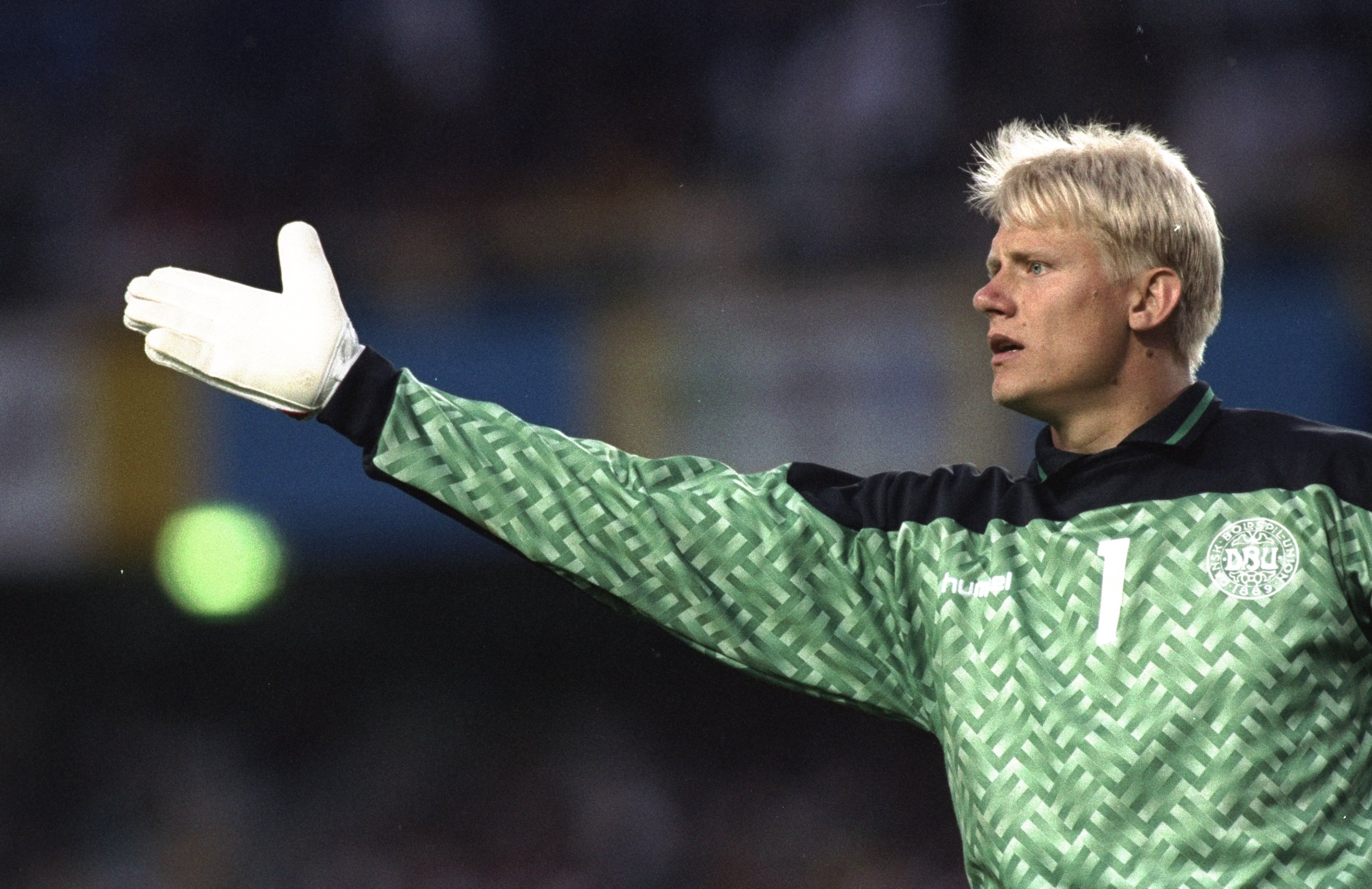 Peter Schmeichel in action for Denmark in June 1992.