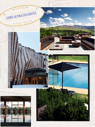 a collage of four images showing the mountain and pool views from a new hotel in Italy