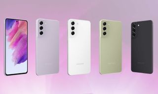 Unofficial renders of the front and back of the Samsung Galaxy S21 FE, showing all four rumored color options (Black, White, Lavender and green)