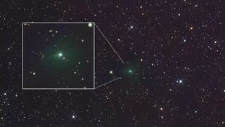 A space photo of a green comet surrounded by stars with a boxout highlighting the comet closer