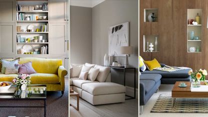 Compilation image of three living rooms to support an expert guide on how to declutter a living room using five simple principles