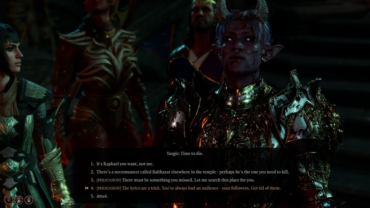 An image of a bloodied tiefling about to convince an Orthon to slay themselves in Baldur's Gate 3.