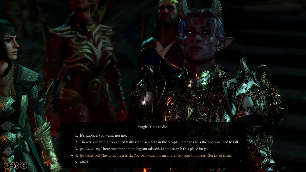 An image of a bloodied tiefling about to convince an Orthon to slay themselves in Baldur's Gate 3.