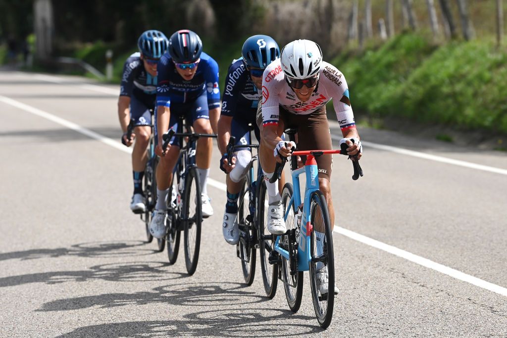 ALTU DE LANGLIRU SPAIN SEPTEMBER 13 Larry Warbasse of The United States and Team Ag2rCitron competes in the breakaway during the 78th Tour of Spain 2023 Stage 17 a 1244km stage from Ribadesella Ribeseya to Altu de LAngliru 1555m UCIWT on September 13 2023 in Altu de LAngliru Spain Photo by Tim de WaeleGetty Images