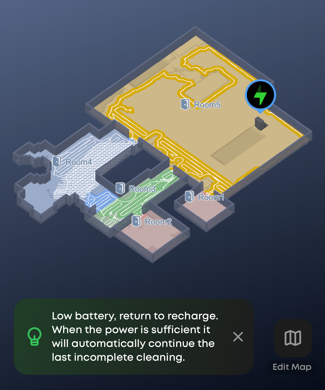 eufy Omni C28 app map view showing cleaning path and low battery return-to-dock notification