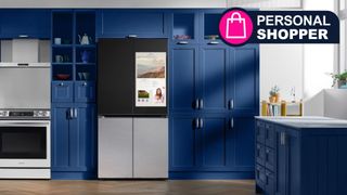 Samsung Family Hub Fridge in a modern blue kitchen with a sign saying 'Personal Shopper'