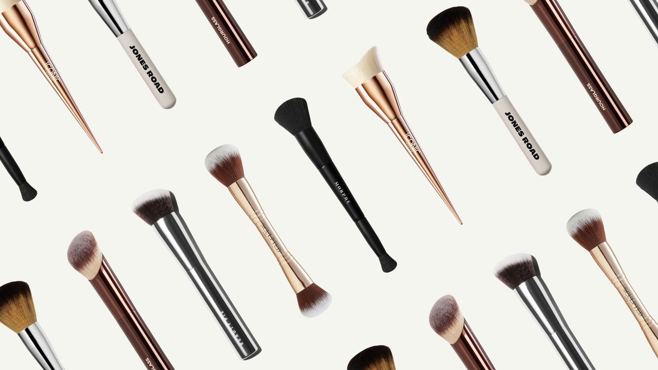 our six best foundation brushes from Hourglass, Sculpted by Aimee, Beauty Pie, Jones Road, Iconic London and Morphe, in an alternating pattern on a beige background