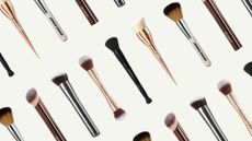 our six best foundation brushes from Hourglass, Sculpted by Aimee, Beauty Pie, Jones Road, Iconic London and Morphe, in an alternating pattern on a beige background