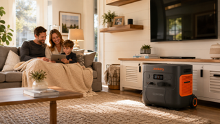 Family sat with kid on sofa on tablet next to Jackery device