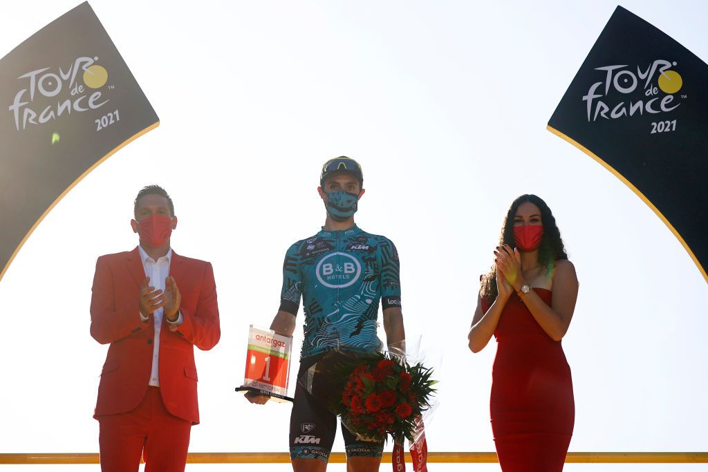PARIS FRANCE JULY 18 Franck Bonnamour of France and Team BB Hotels pb KTM Most Combative Rider celebrates at podium during the 108th Tour de France 2021 Stage 21 a 1084km stage from Chatou to Paris Champslyses LeTour TDF2021 on July 18 2021 in Paris France Photo by Chris GraythenGetty Images