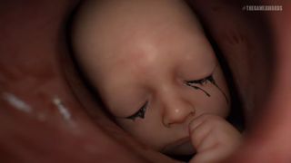 En skärmdump från trailern för Death Stranding 2, som visar ett foster med svart klet som rinner ur ögonen.